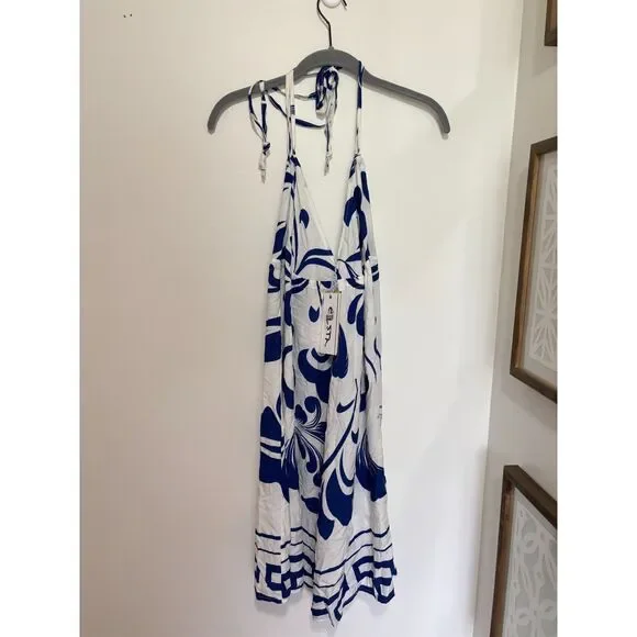 Vintage NWT Blue White Greek Key Sundress Rayon Strappy Midi Dress Small Resort - Picture 5 of 8